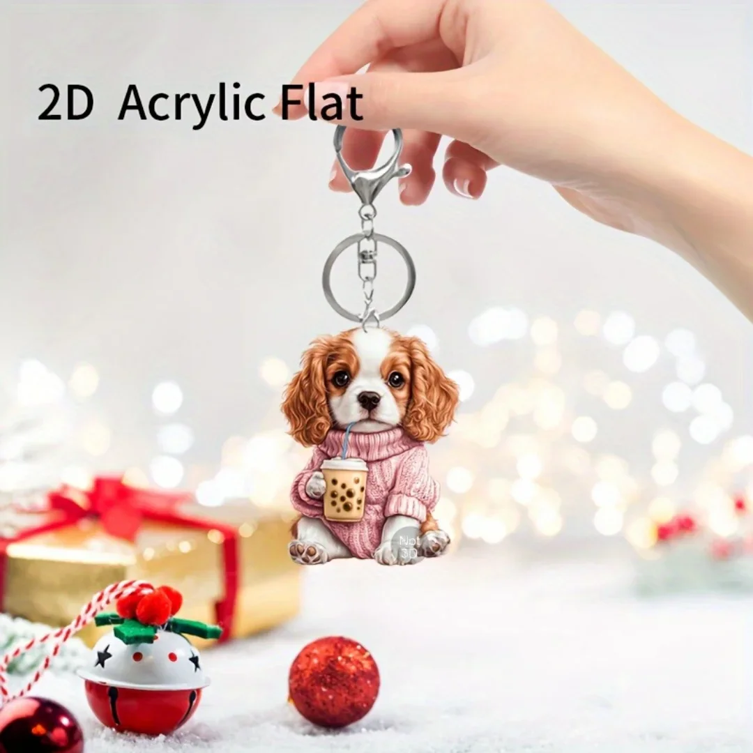 Llavero de Cavalier King Charles Spaniel, Adorno Acrílico 2D, Colgante de Cachorro Adorable, Decoración para Coche, Bolsos, Regalo Festivo
