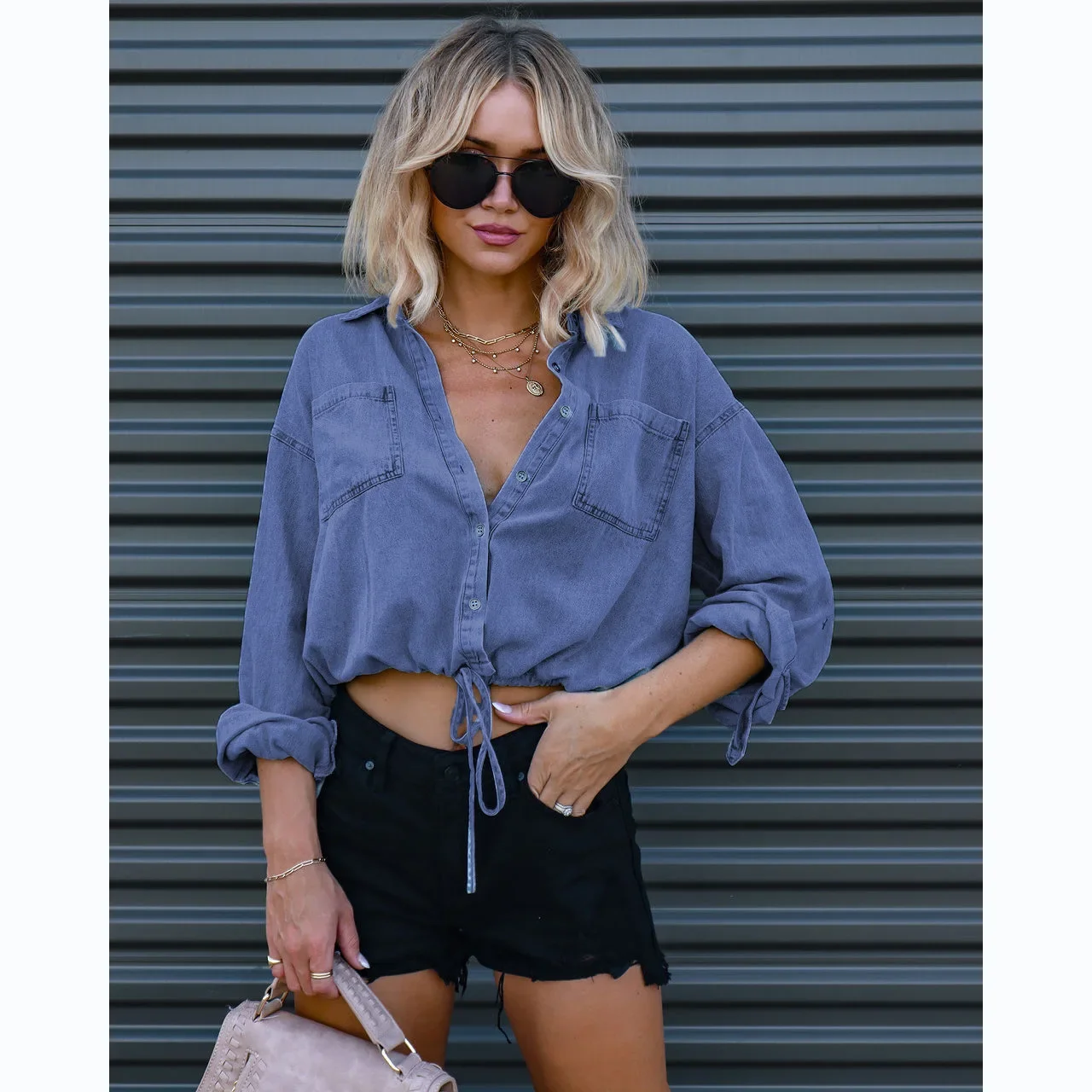 Women's New Autumn-winter Fashion Casual Double Pocket Loose Denim Shirt Lapel Long-sleeved Single-breasted Drawstring Denim Top