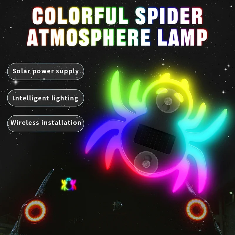 Solar Powered Spider Car Neon Light 7 Colors 8 Modes Sensor Suction Cup Car Window Atmosphere Decoration Light for All Vehicles