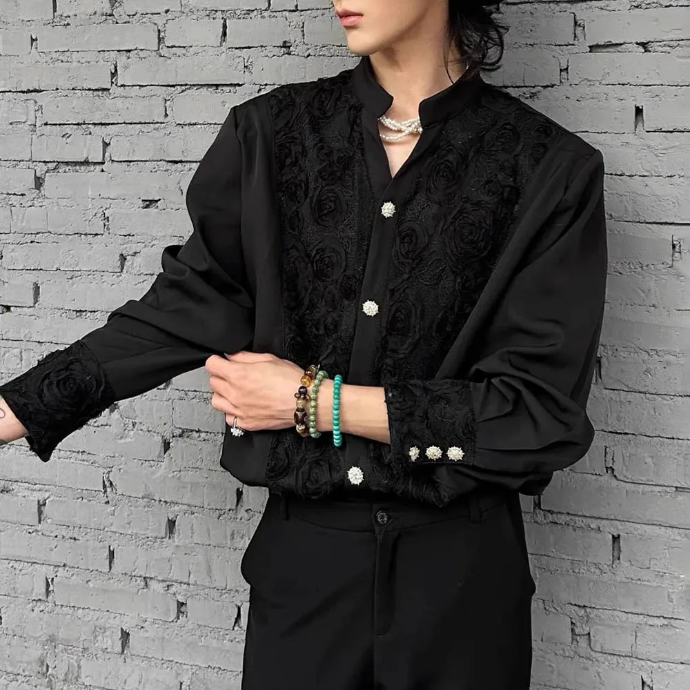 

Autumn Men's Flower Embroidery Long Sleeve Shirt American Retro Fashion Trend High Street Casual Loose Niche Men's Tops 2025