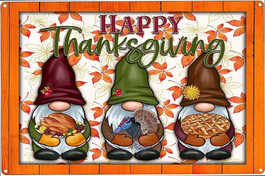Happy Thanksgiving Gnomes Metal Tin Sign, Fall Wall Art Decor for Home Kitchen Dining Living Room Bar Cafe Restaurant, Thanksgiv