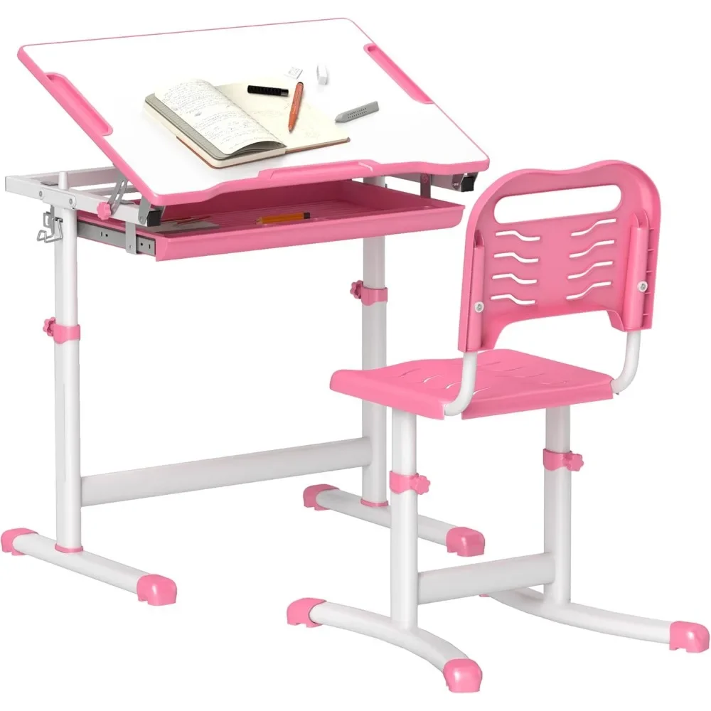 

Kids Desk and Chairs Set, Height Adjustable Children School Study Desk with Tilt Desktop, Storage Drawer, Pen Slot, Hook