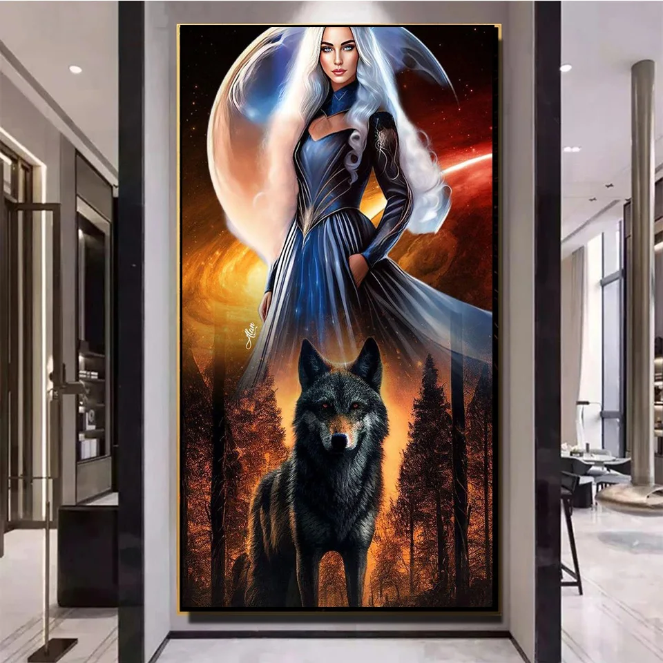 Forest Wolf Woman 5D DIY Diamond Painting New 2023 Full Round Diamond Embroidery Cross Stitch Kits Large Art Home Decor Gift