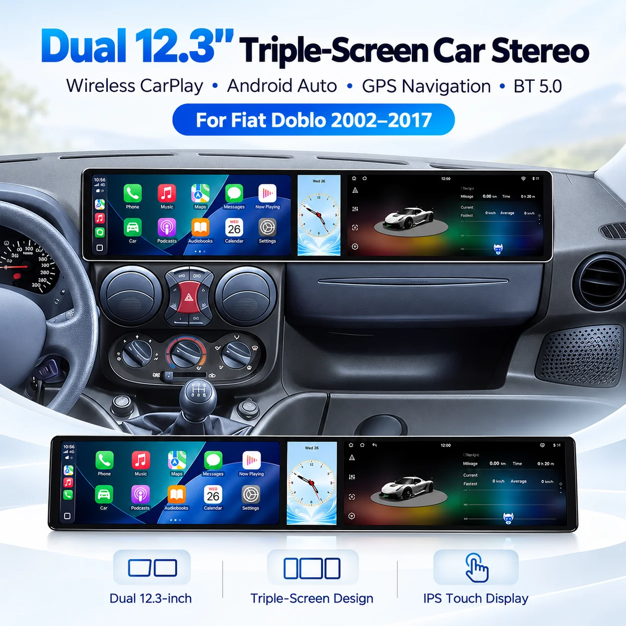 Dual 12.3 Inch Android 15 Car Radio For Chrysler Grand Voyager 2006-2012 Triple Screen Wireless CarPlay Android Auto Multimedia