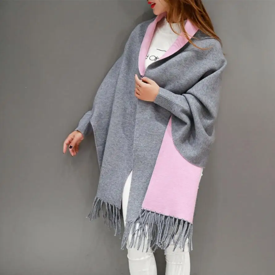 Autumn Winter Fashion Lady Tassel Knitted Shawl Sweater Women Solid Tassel Batwing Sleeve Poncho Cardigan wrap swing