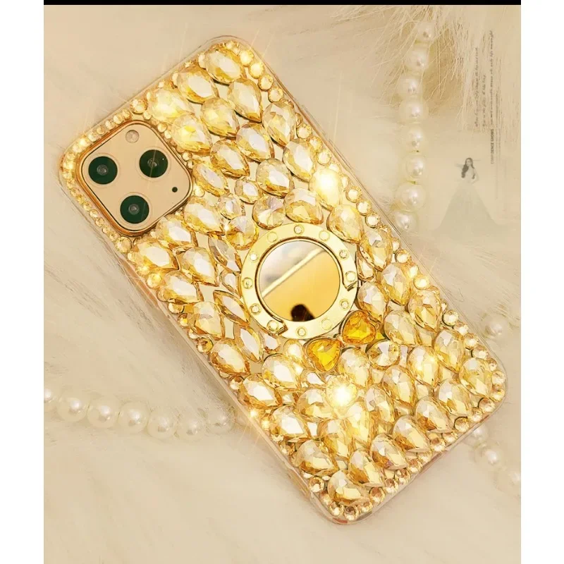 Gold Crystal Strap Phone Case with Diamond and Rhinestone, Bling Case for Xiaomi Redmi 13C 12C 13R Note 11 13 12 Pro Plus