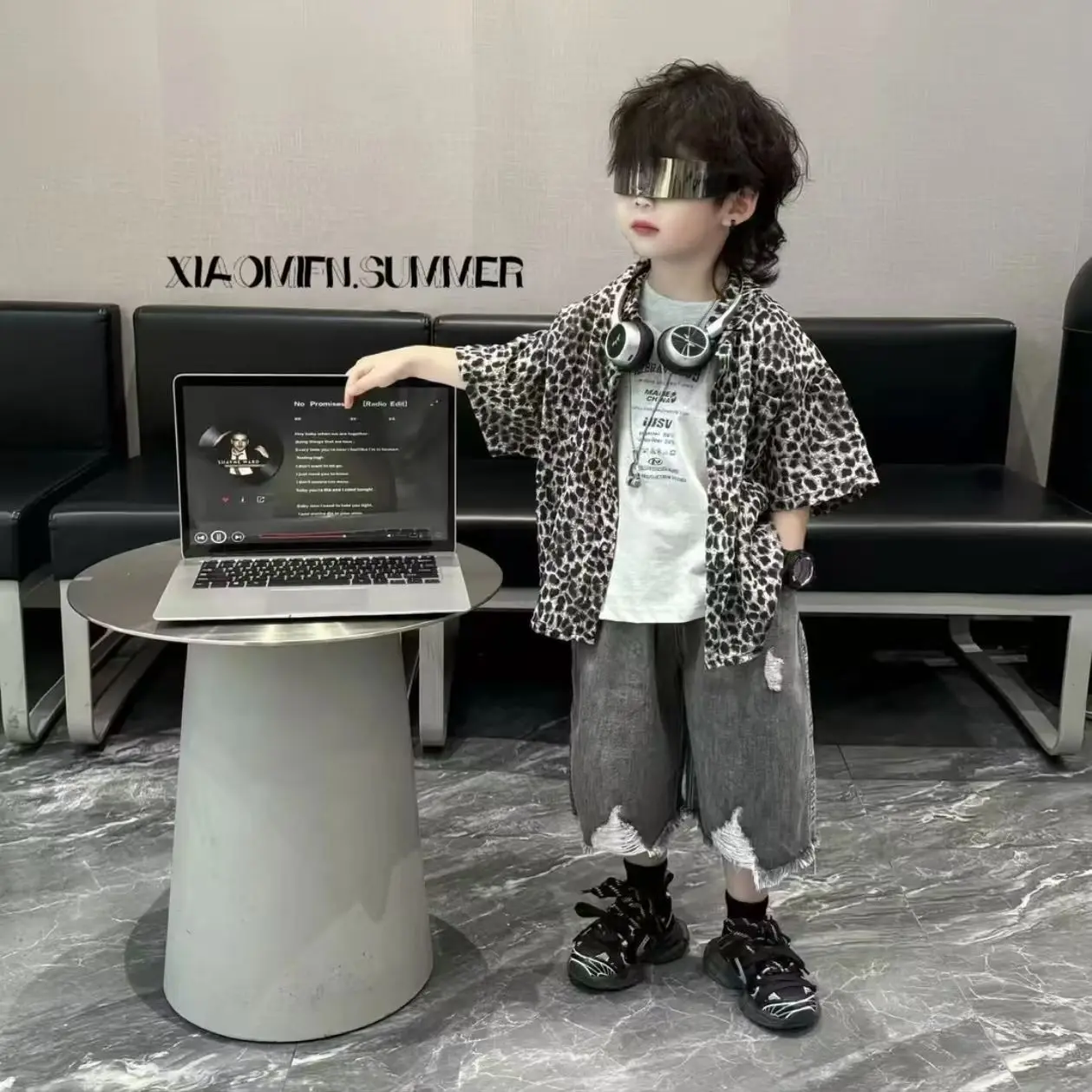 Summer Boys Letter 3Pcs Gentleman Leopard print Shirt+Shirt+Jean Shorts Suit Children Outfit Fashion Casual Sets Handsome Clothi