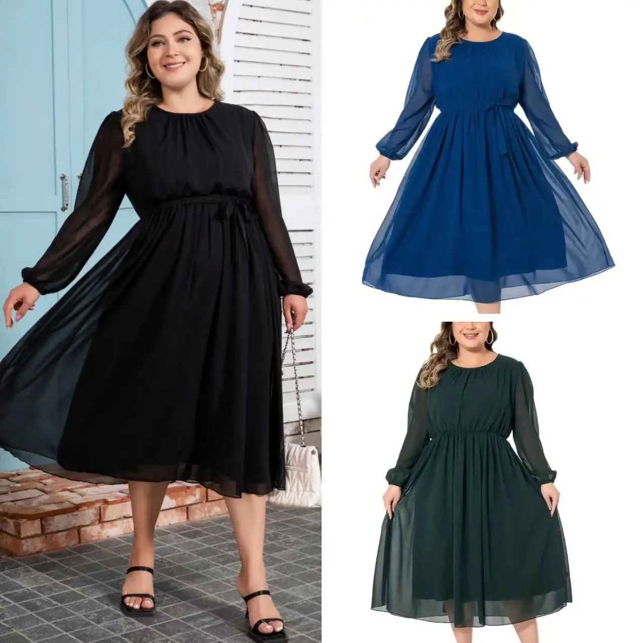 Ele حجم كبير للنساء Dr لون نقي التخسيس الشيفون الخصر Cinched الدهون MM المرأة الدكتور منتصف طول طويل Sve جولة Ne #1