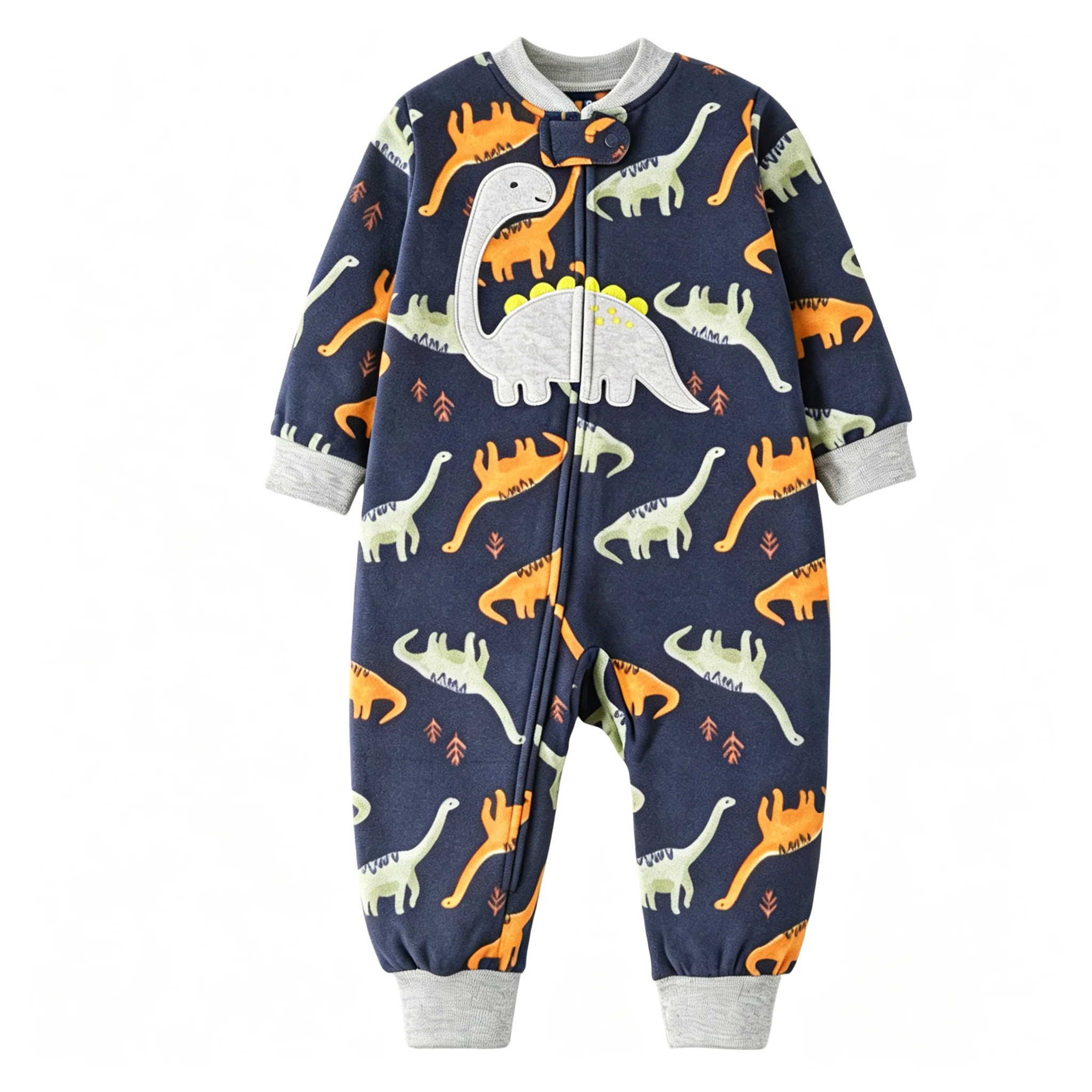 Kids Warm Polar Fleece Full Zipper Romper Dinosaur Pattern Applique Long Sleeve Footless Baby Outfit