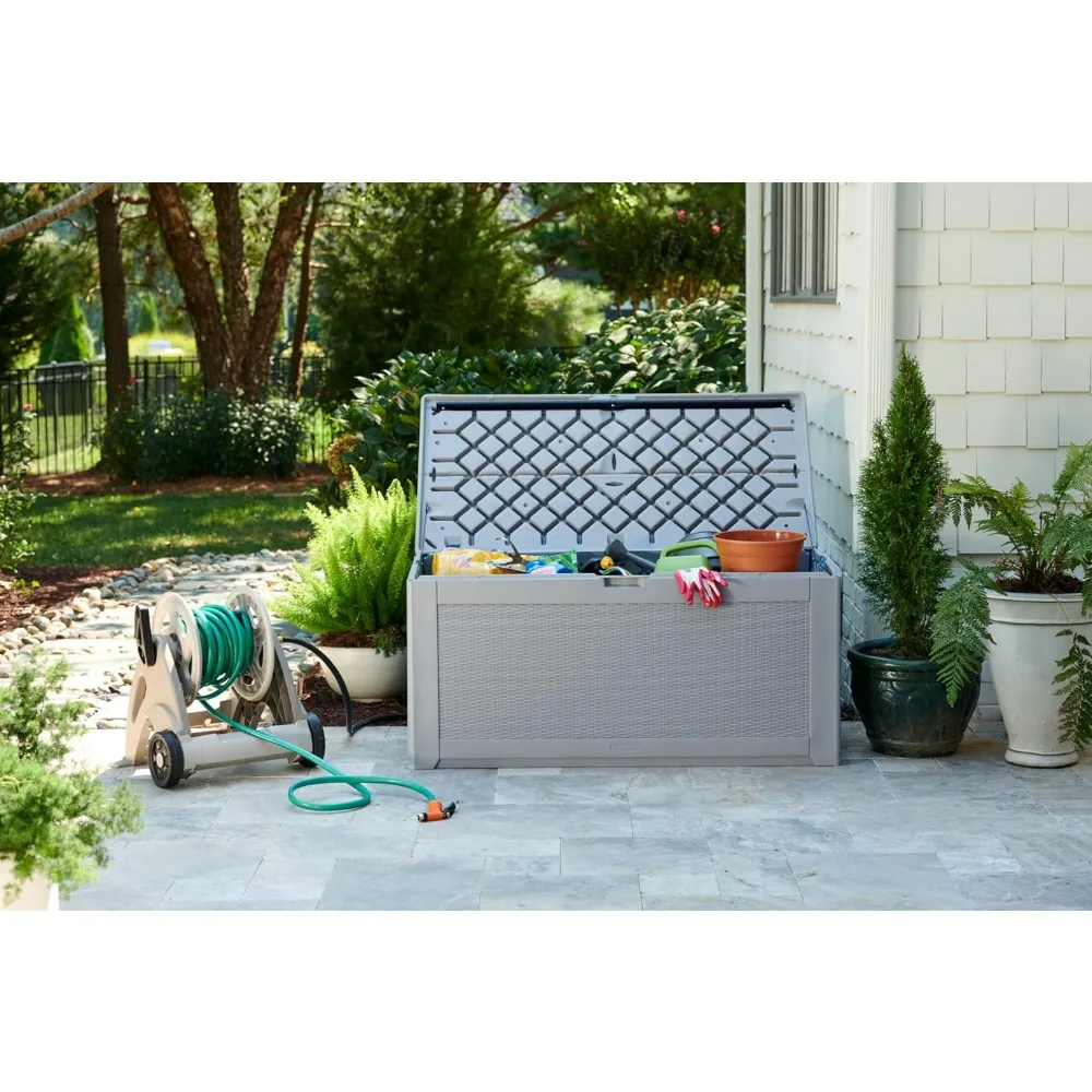 Rubbermaid-Boîte de terrasse d'extérieur, extra large, résistante aux intempéries, grise pour la pelouse, le jardin, la piscine, le rangement d'outils, l'organisation de la maison