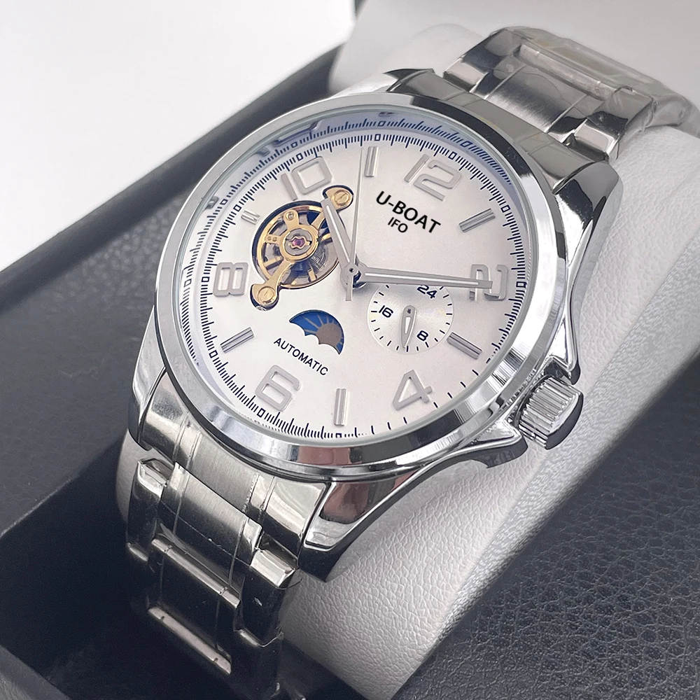

U-BOAT IFO Automatic Mechanical Watch Men 42mm Stainless Steel Moonphase Open Heart 24H Subdial Business Wristwatch