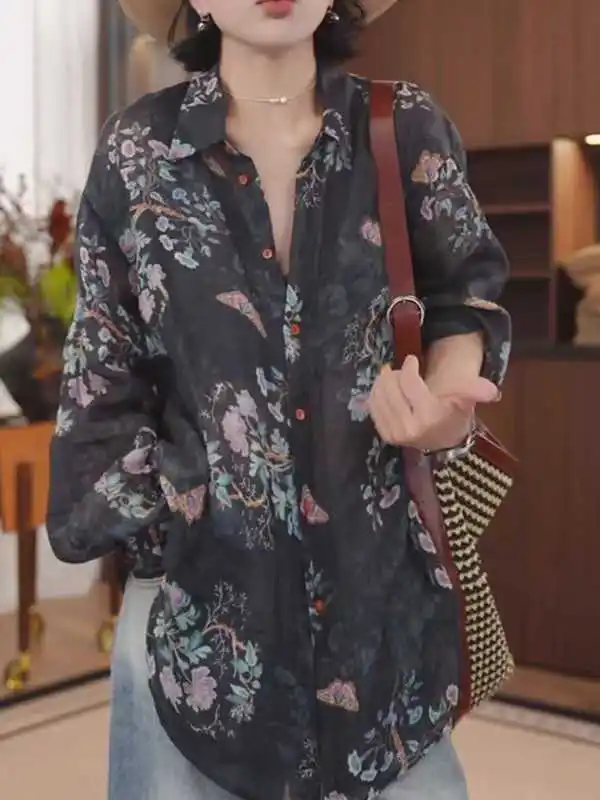 Retro Floral Long Sleeve Women's Shirt Thin Casual Loose  Collar Sunshade Cover up Top Korean Style Commute Fashion