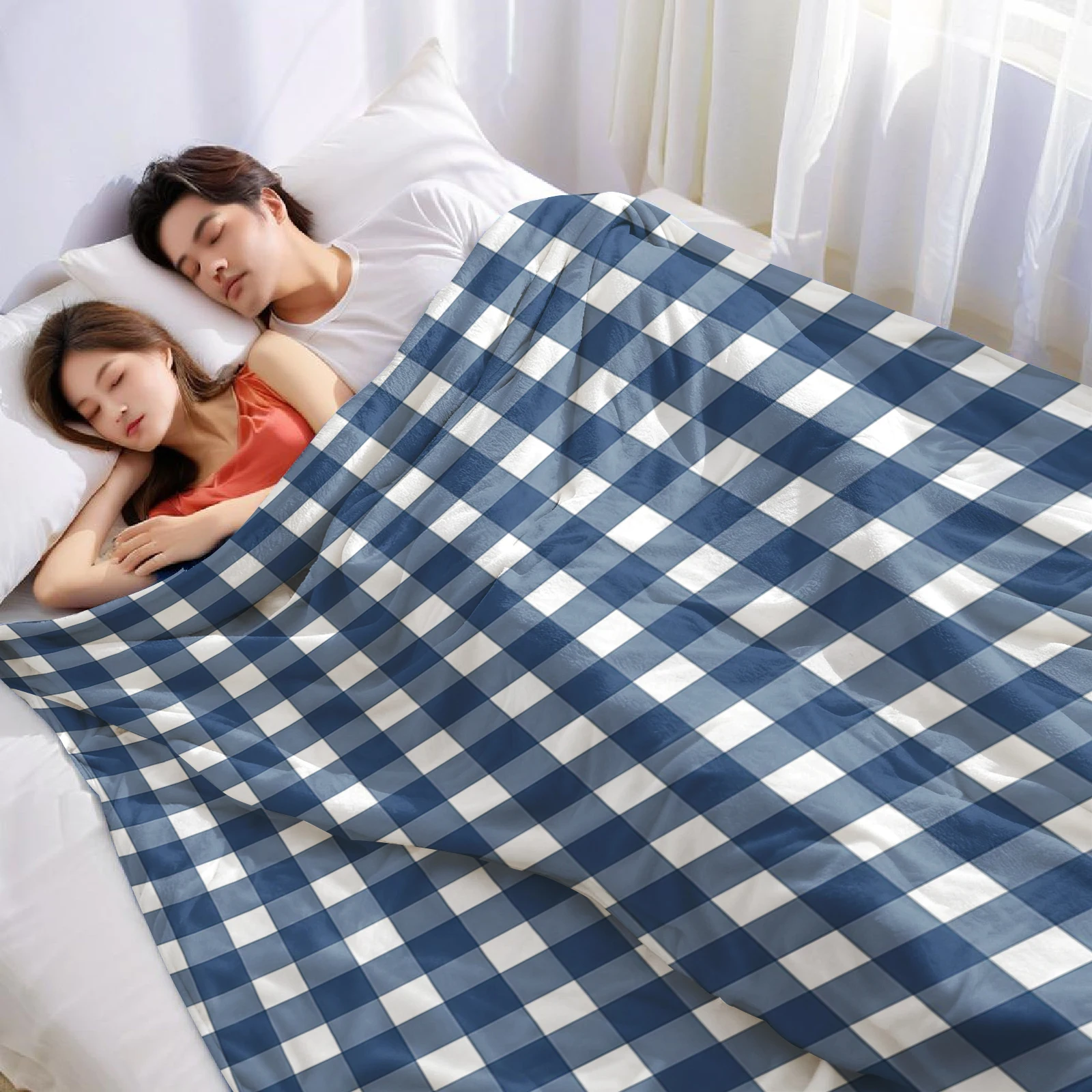 Blue Gingham Check Ultra Soft Sherpa Fleece Blanket Fluffy Warm Thick Throw for Sofa Bedroom Couch Holiday Home Decor Gift