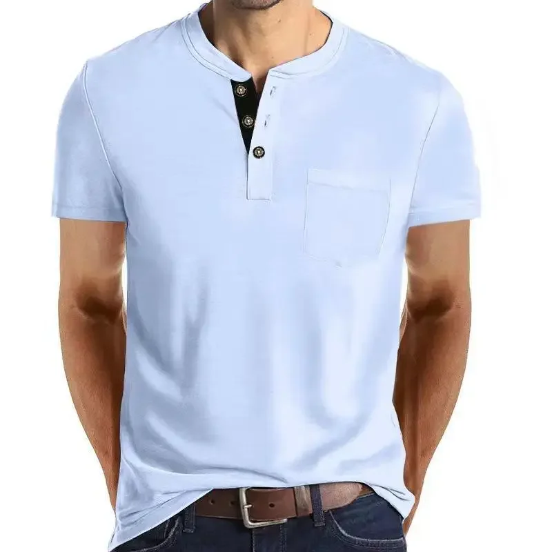 2024 New European and American Men's Short Sleeve Button Pocket Polo Shirt Men Shirts Ropa De Hombre Men Clothing Solid Color