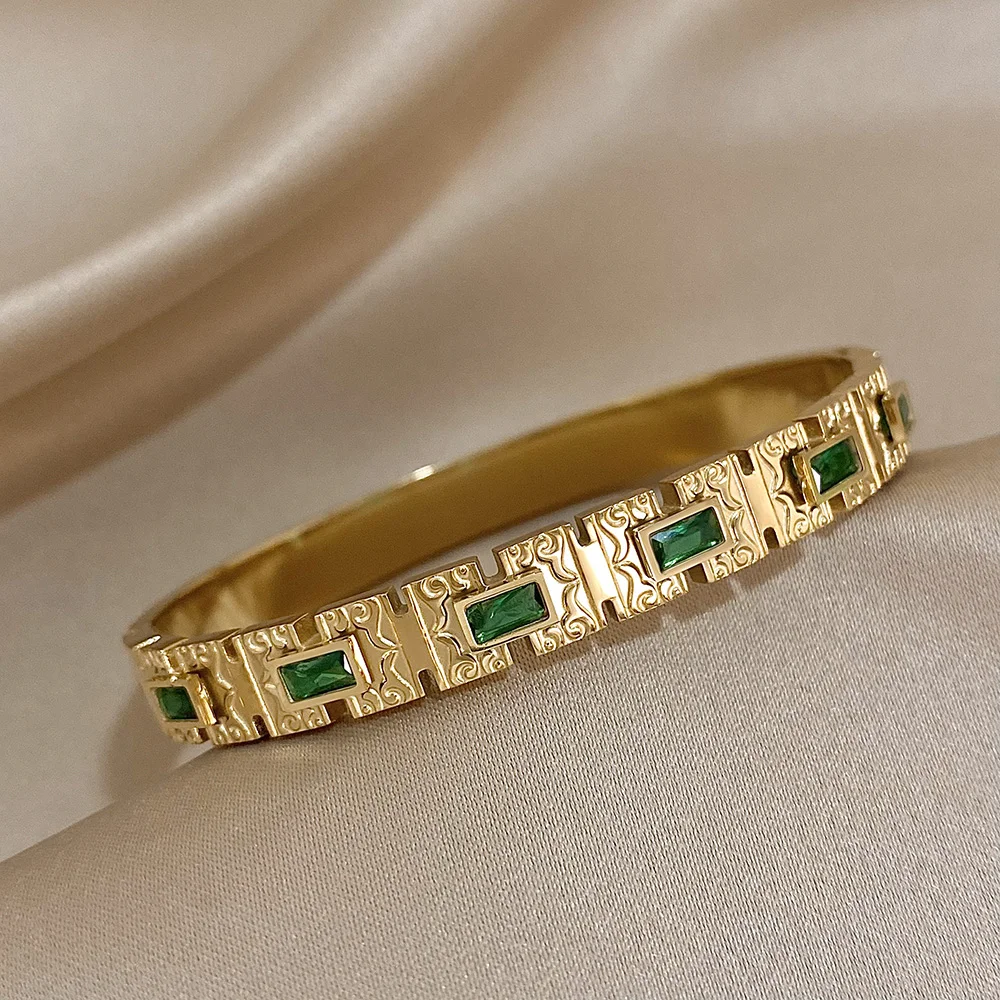 Vintage Palace Geometric Stainless Steel Bangle Bracelet for Women Inlaid Square Green Zircon Cuff Bracelets Jewelry Gifts