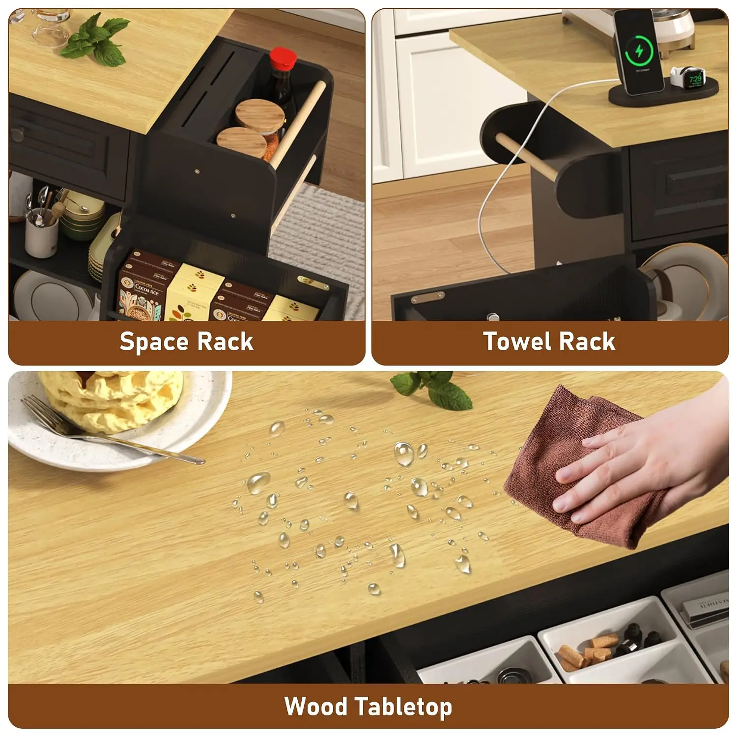 Rolling Kitchen Island Power Outlet Drop Leaf Storage Cabinet Mobile Cart Hidden Trash Spice Rack Shelves, Customized