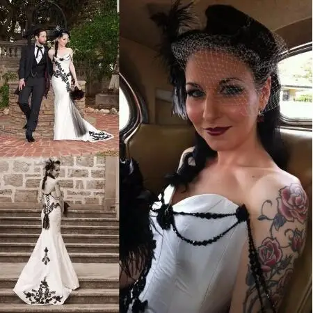 Black Lace And White Satin Mermaid Wedding Dresses Sweetheart Gothic Bridal Gowns Vestidos De Novia robe de mariage Bridal Gowns