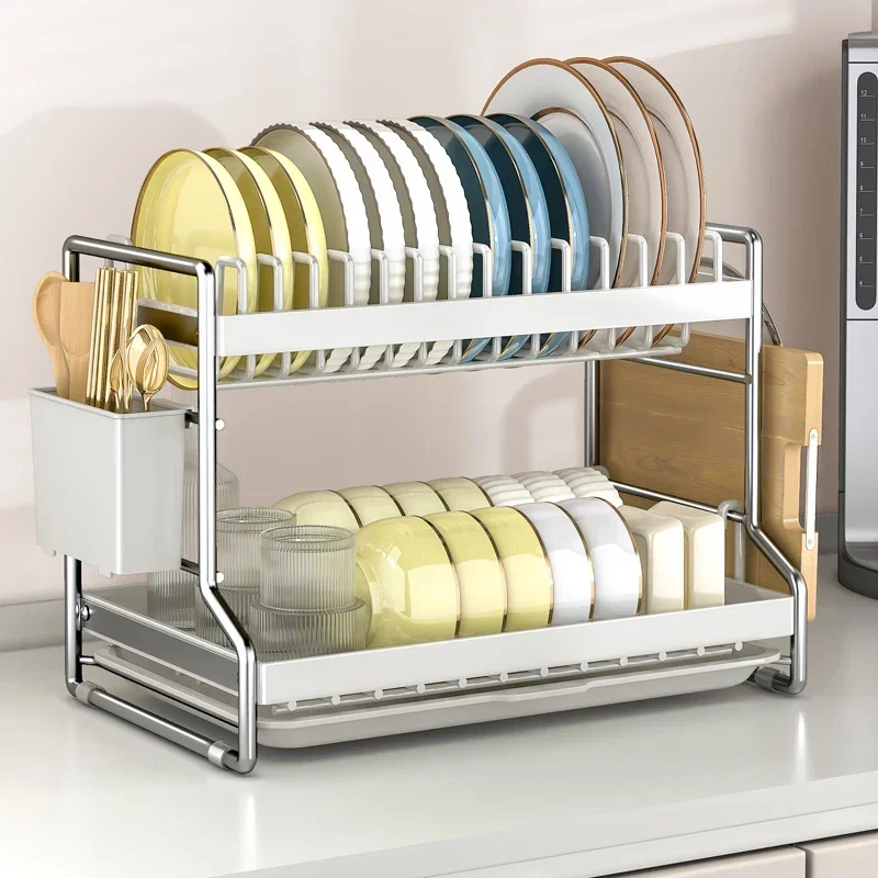 Kitchen Rust-Proof Dish Drying Rack Desktop Dishes Bowls Plate Cutlery Pot Lid Rack Organizer 2-Tier Compact Kitchen Dish Shelf