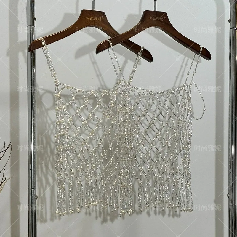Retro Handmade Bead Hollowed Out Camisole Vest With Elegant Tassel And Slim Fit, Trendy Outerwear Top