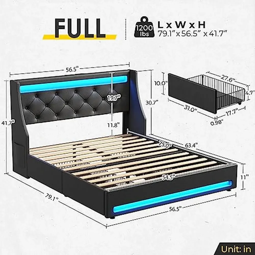 Full Bed Frame with LED Lights USB Charging Station PU Leather Storage Drawers Black