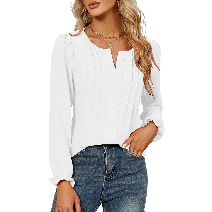 Lady V-Neck Shirt Women Solid Color Long Sleeved Blouse  Spring Autumn Elegant Office Top Clothes