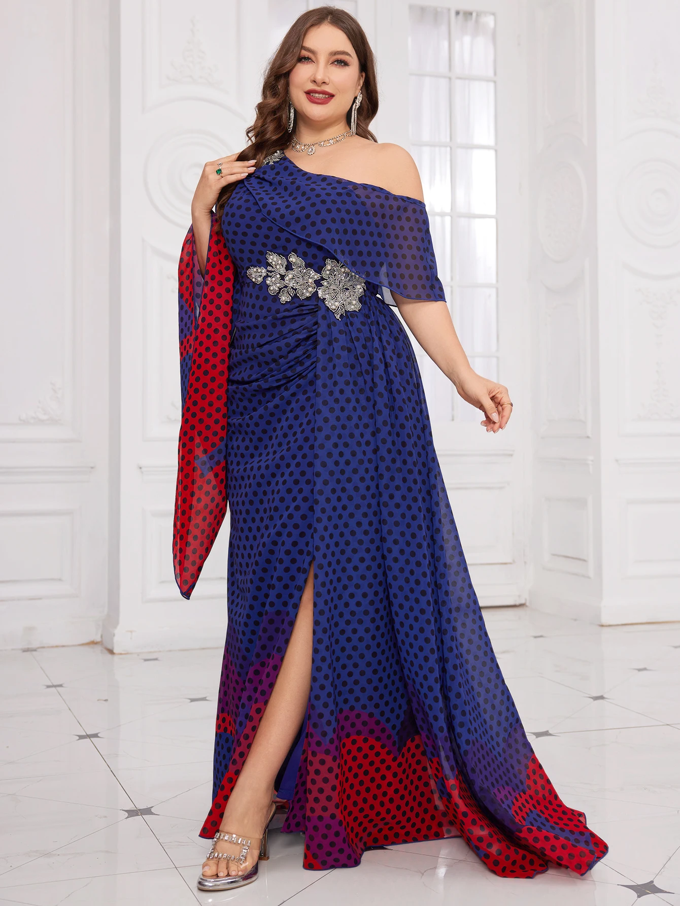 UNITHORSE عشوائي CutElegant مطرز مزين الرقمية البولكا نقطة المائية طباعة تنورة كبيرة ألف خط فستان سهرة شيفون #3