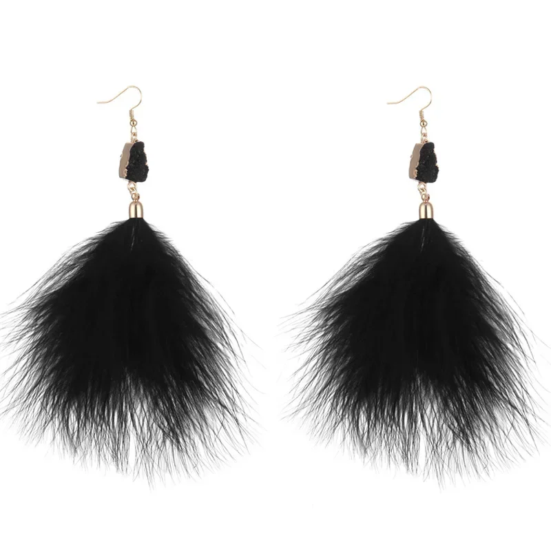 2023 New Long Crystal Tassel Dangle Drop Earrings Jewelry for Women Bohemian Genuine Feather Plush Earrings Wedding Jewelry