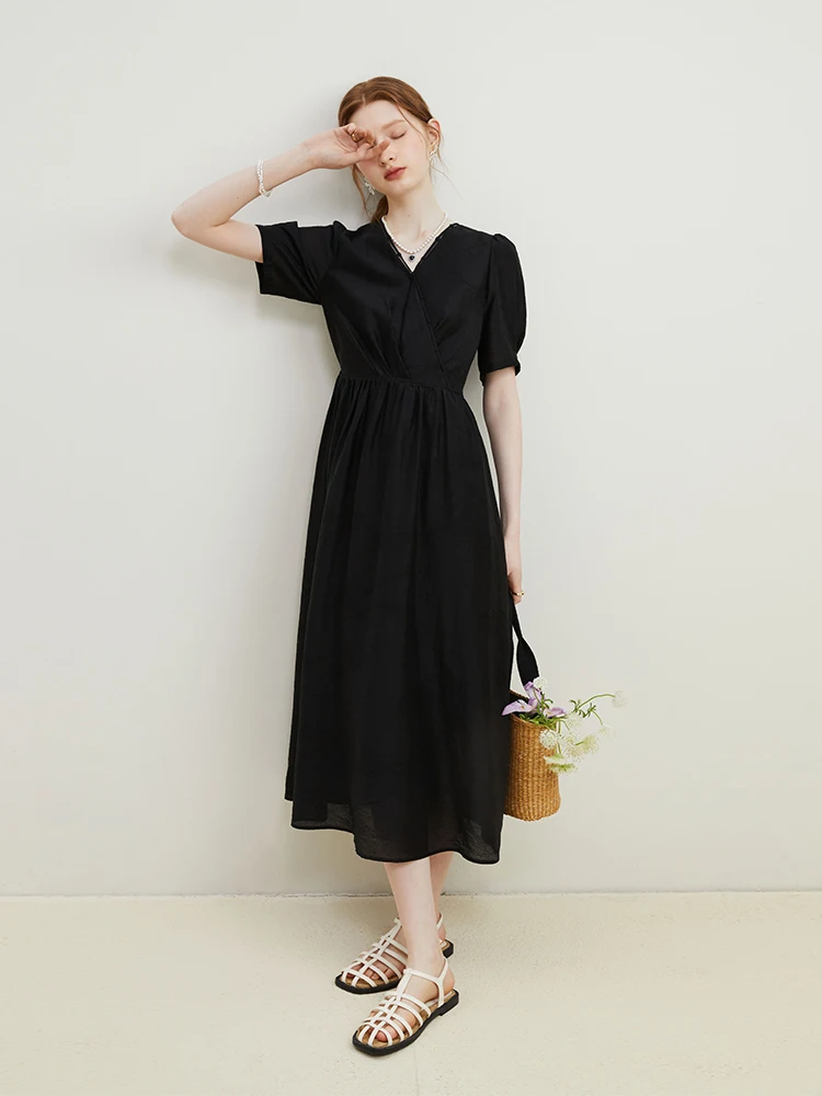 FSLE French V-neck Textured Women Summer Jacquard Dress Black Temperament Mid-Calf A-LINE Skirts Female Office Lady Dresses