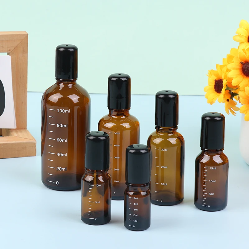 1Pc 5/10/15/30/50ML rotolo di vetro sottile ambrato su bottiglia per fiale di olio essenziale con contenitori per bottiglie riutilizzabili a sfera in metallo a rullo