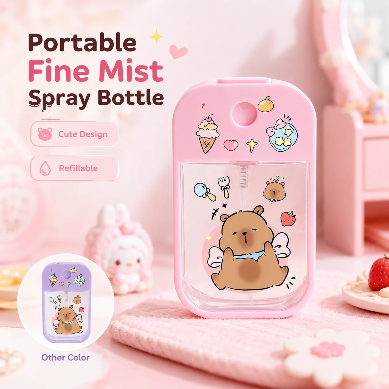 Fine Mist Spray Bottle Portable Refillable Pink Bear Facial Sprayer for Makeup Skincare Travel Women Girls Beauty Essential Gift