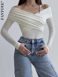 Fantoye Sexy Off Shoulder Ruched Women Bodysuit White Long Sleeve High Waist Playsuit Female Bodycon Casual Elegant Streetwear