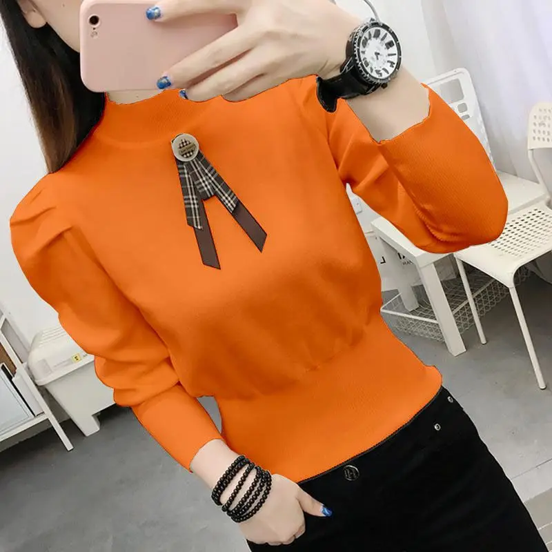 Sweet Stand Collar Spliced Bow Puff Sleeve Sweaters Female Clothing 2024 Spring New Loose Knitted Korean Pullovers Casual Tops