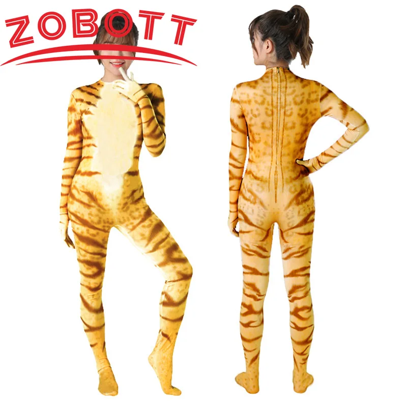 Sexy Aimal Print Bodysuit Women Cat Jumpsuit Catsuit With Gloves Rave Club Slim Bodycon Zentai Suit Halloween Cosplay Costume