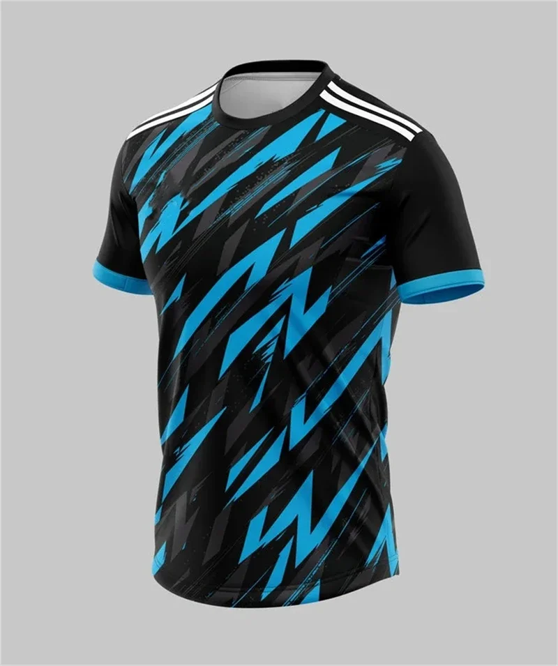 Men 3D Print Black Cyan Lightning Soccer Jersey Polyester Fiber Short Sleeve Sport Training Quick Dry Athletic Football T Shirt