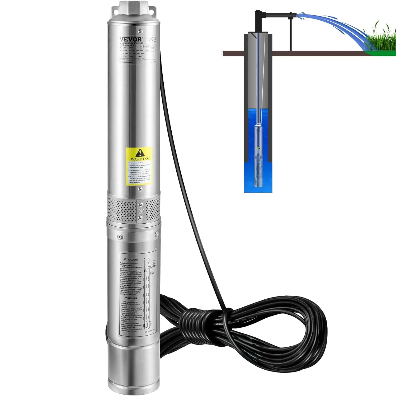 

Deep Well Submersible Pump 1HP 230V/60Hz 37gpm Flow 207ft Head with 33ft Electric Cord 4" Stainless Steel Water Pump