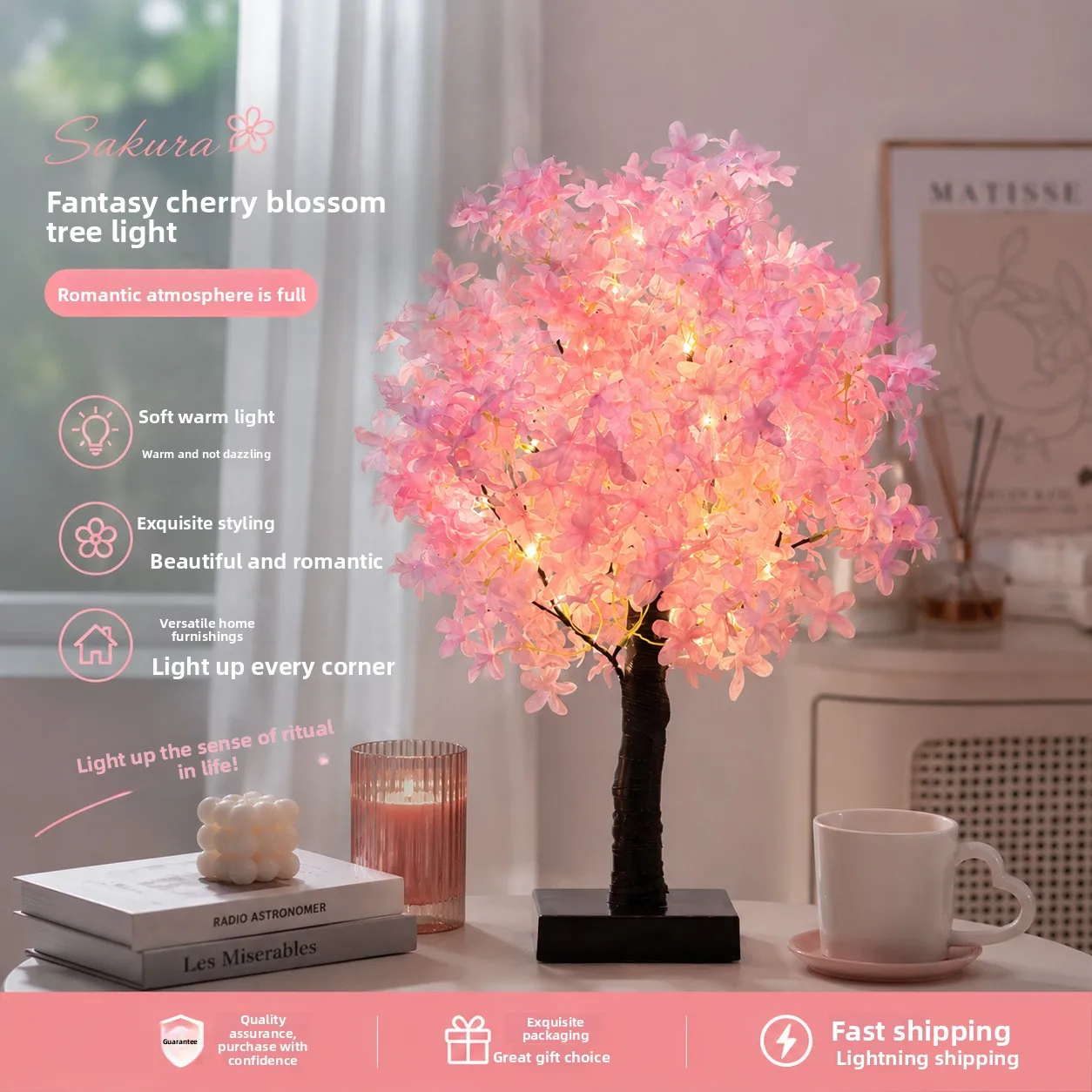 

Pink Cherry Blossom Decorative Tree Light Bedroom Bedside Night Warm Atmosphere Desktop Decoration Ornament