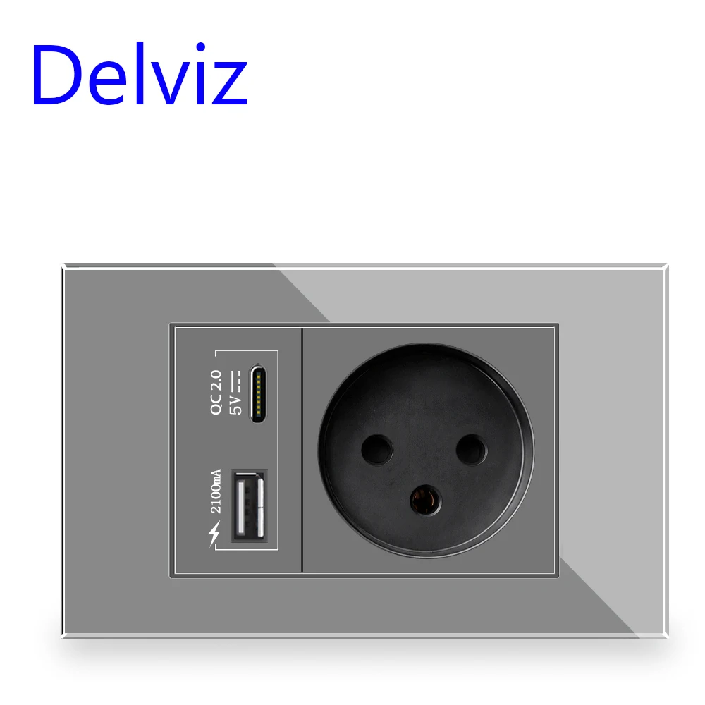 Delviz Type H Wall Power Socket 16A, USB A&C Ports 5V 2.1A, 16A/250VAC, 120x72mm, White Glass Panel，SI-32 Israel Standard Outlet