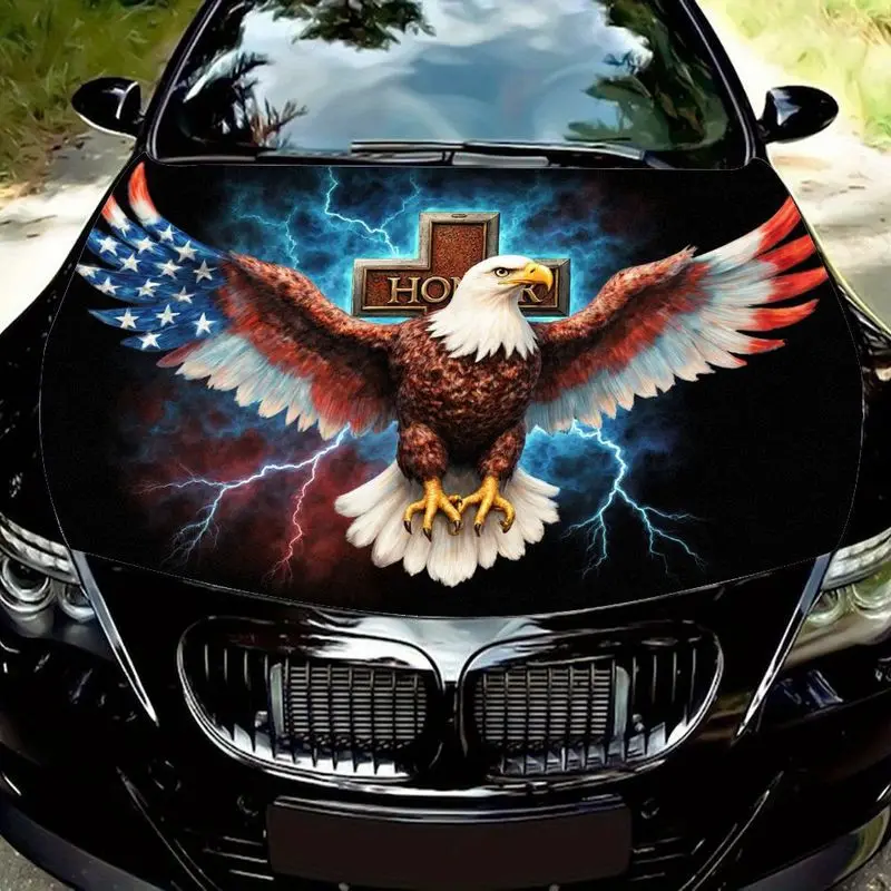 

Car hood sticker depicting a bald eagle with an American flag pattern on its wings, complete with a patriotic lightning bolt and