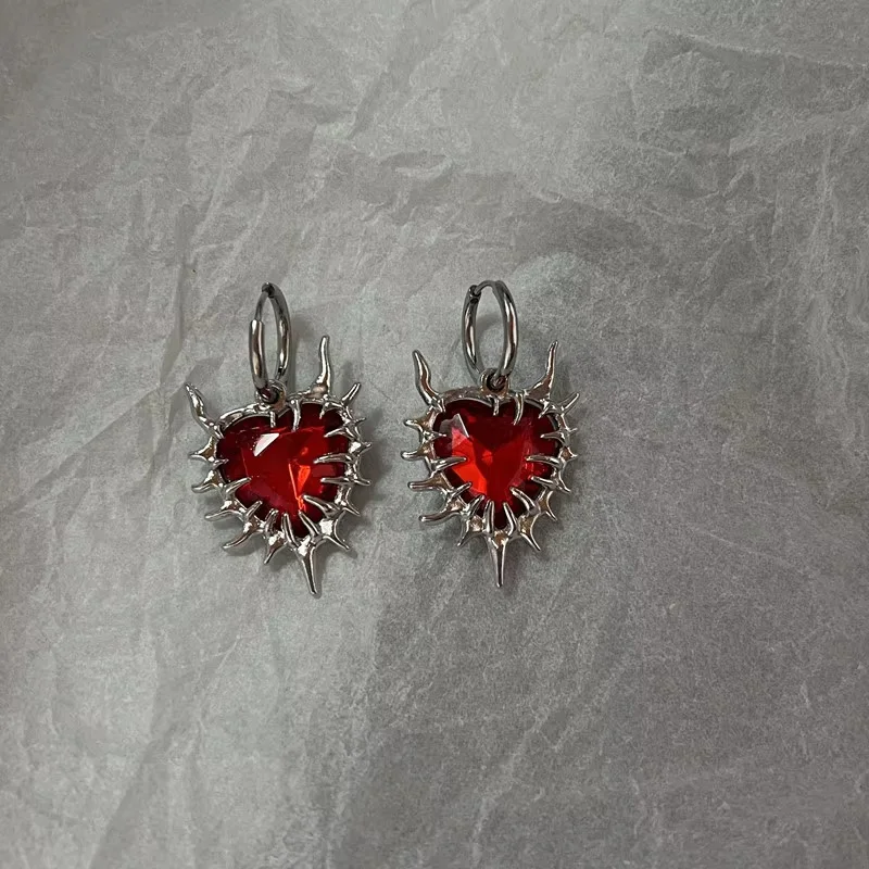 3Pairs Gothic Love Star Earring Set, Red Imitation Crystal Heart Shaped Hollow Star Swinging Ring Earrings for Women's Jewelry