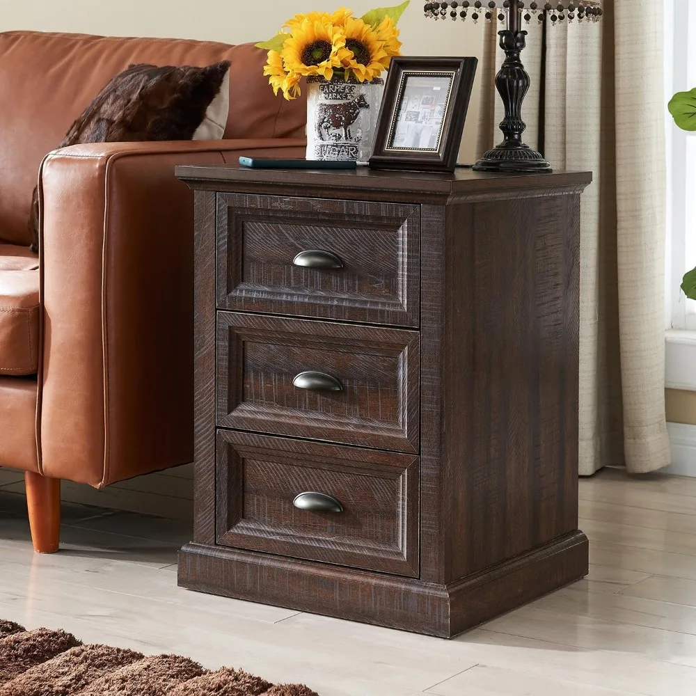 

Nightstand with 3 Drawers, Farmhouse End Table with Charging Station, Wood Rustic Side Table for Bedroom, Living Room