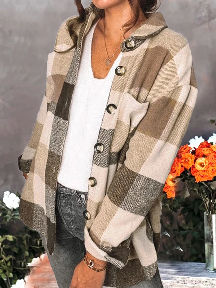 

Plaid Jacket Women Oversize Winter Fleece Coat Fall Warm Checkered Outerwear Long Sleeve Tops Shirt Women Loose Jacket