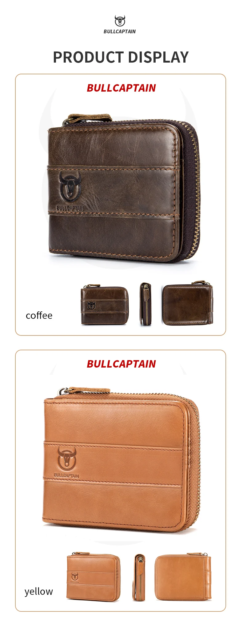 BULLCAPTAIN Herren Echtleder-Geldbörse mit RFID-Schutz, Vintage Rindsleder Reißverschluss-Brieftasche mit Münzfach, Kreditkartenhalter – Detail 16