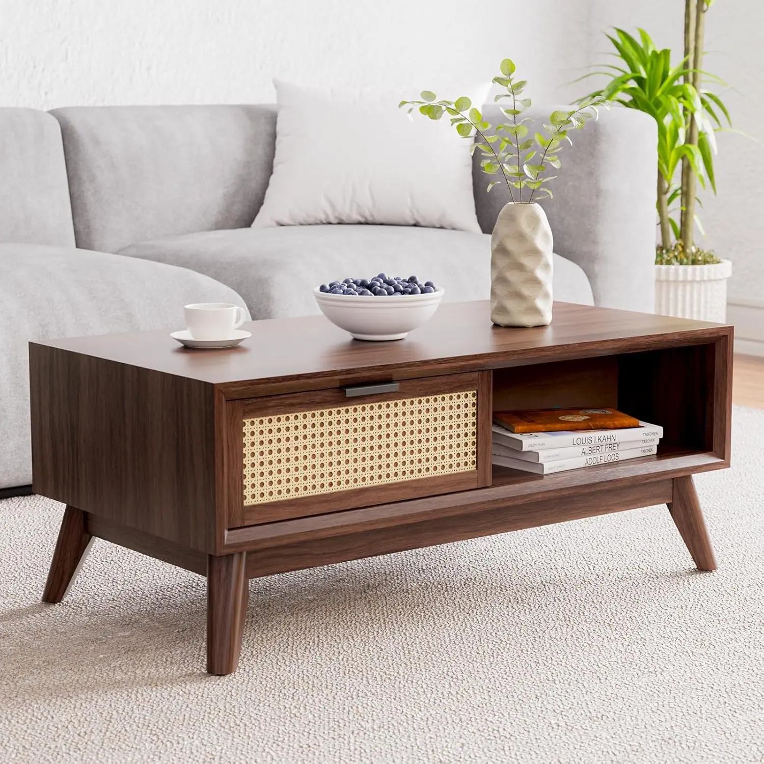 

Modern Solid Wood Coffee Table with Storage, Accent Rattan Design, Perfect for Living Room, Walnut, Medium