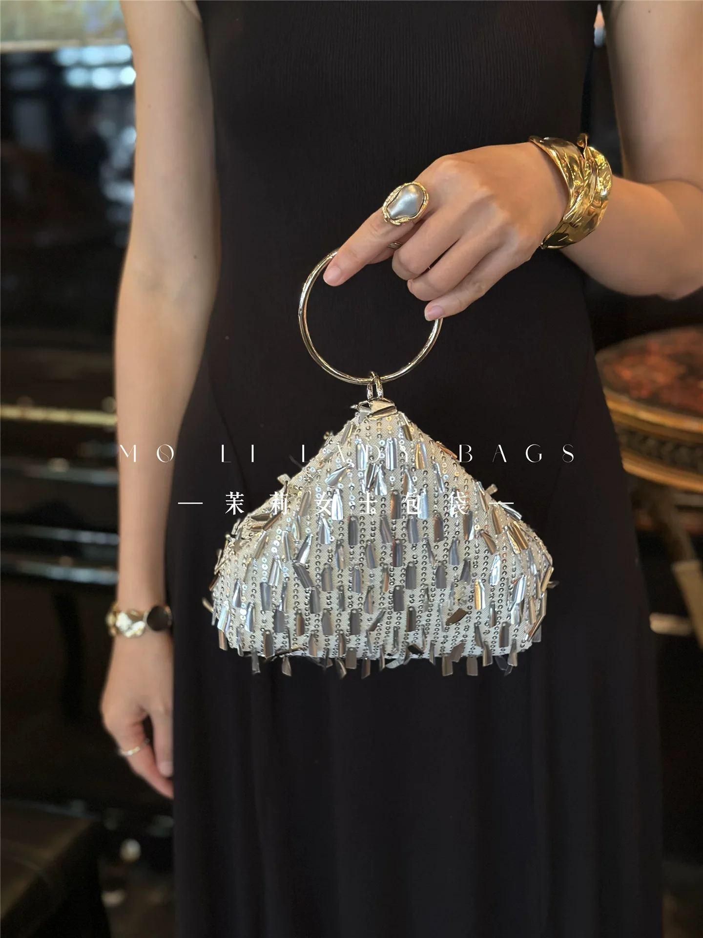 Bolso Hobo de Lentejuelas Brillantes de Moda, Bolso de Mano de Lujo con Anillo Metálico Exquisito para Mujer, Bolso de Hombro Tipo Clutch para Bodas, Fiestas y Banquetes