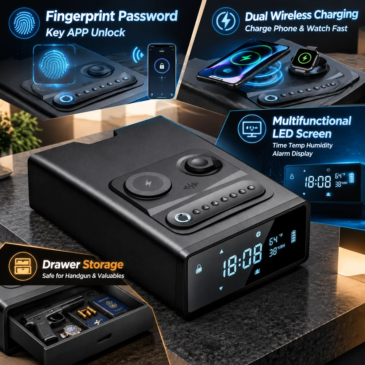 Portable Biometric Drawer Gun Safe Unlock Ways Fingerprint Password Key APP Handgun Lock Box Dual Wireless Charging LED Display