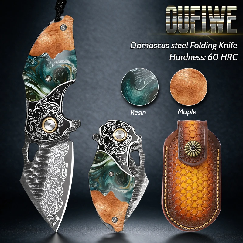 Unisex EDC folding knife 5.3-inch handcrafted Damascus steel pocket knife, perfect for camping, hiking, everyday mountaineering.