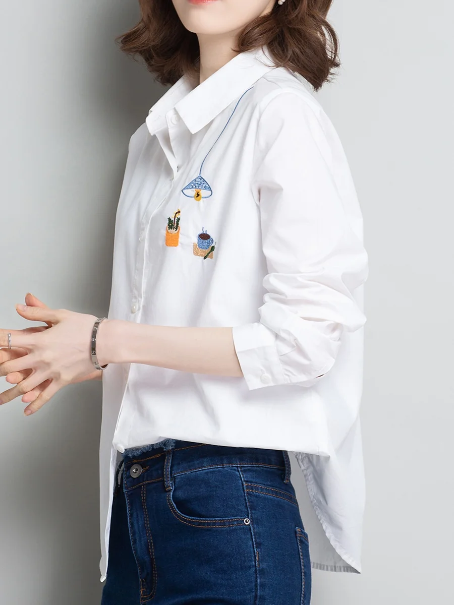 

Женская хлопковая белая вышитая свободная основа irt в Корейском стиле с длинным воротником-стойкой прямого кроя Summer Faion Fren