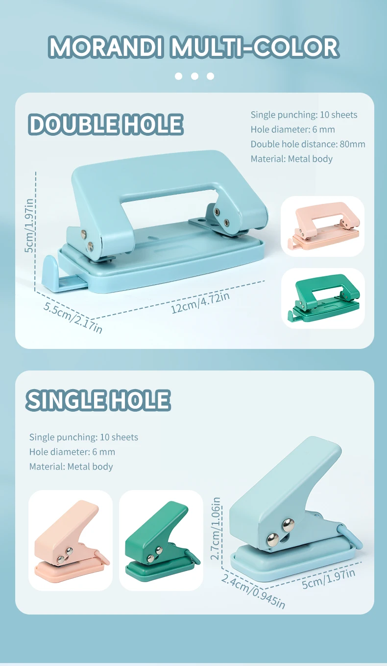 Dual Hole & Mini Single Hole Puncher Portable Hand Paper Punch for Notebook Document Binding Office School Stationery