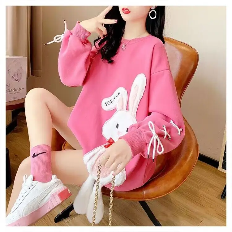 New Rabbit Fleece Hoodies 2023 Oversized Women Casual Sweatshirt Autumn Winter Long Sleeve Fleece Hooded Female Pullovers Tops