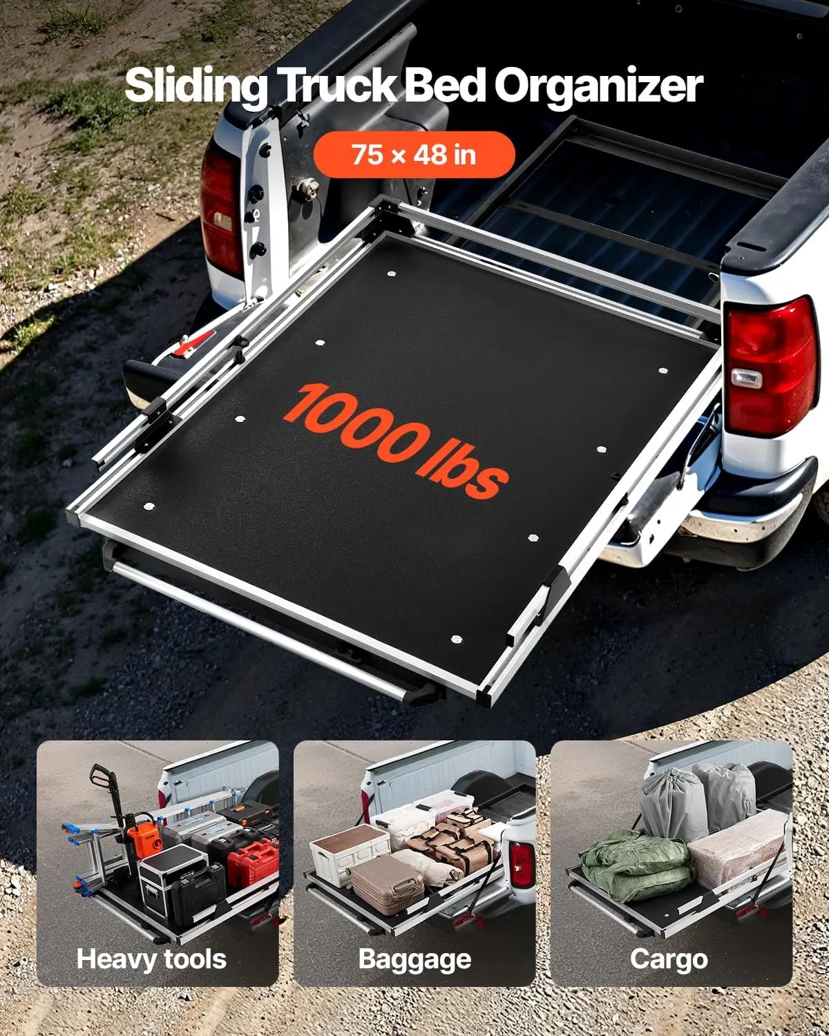 VEVOR Sliding Truck Bed Organizer, 75 x 48-Inch Heavy Duty Truck Bed Storage Drawer with 1000 lbs Capacity, Features 6 Movable R